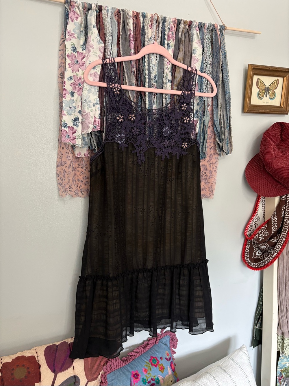 Vintage Free People Purple and Black flowy tank with crochet floral straps